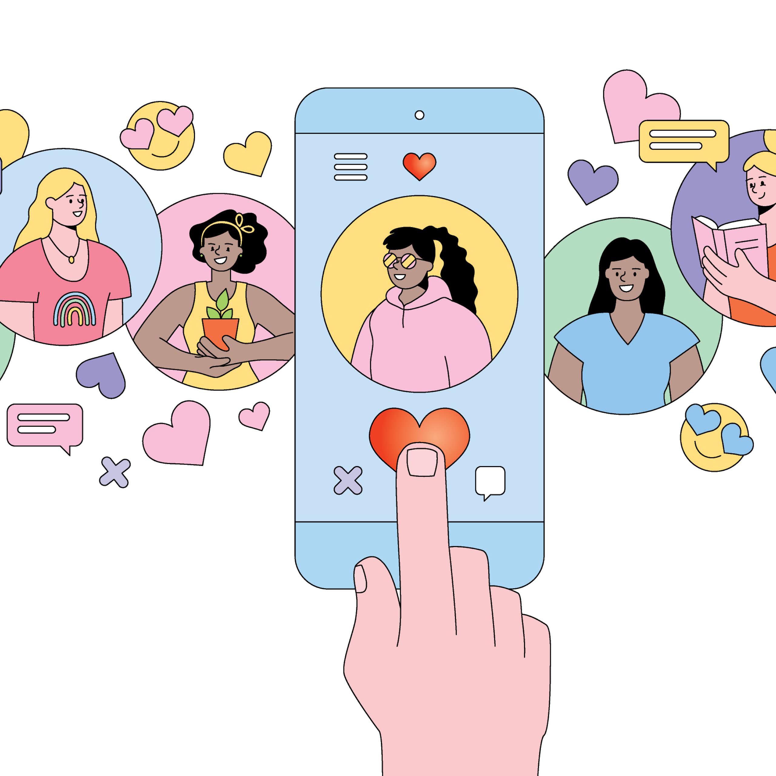 A cartoon with pastel colors shows a hand touching a heart on a phone with an image of a girl with brown skin. There are other circles and hearts also showing cartoon images of women with different colored hair and skin.