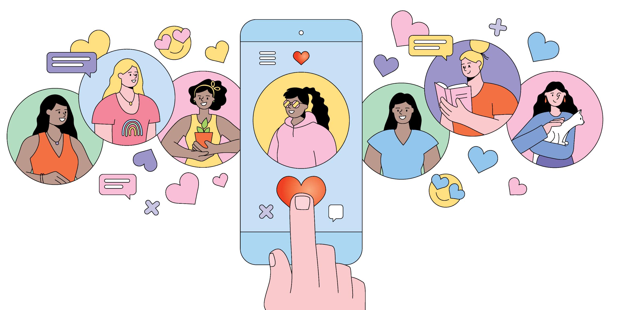 A cartoon with pastel colors shows a hand touching a heart on a phone with an image of a girl with brown skin. There are other circles and hearts also showing cartoon images of women with different colored hair and skin.