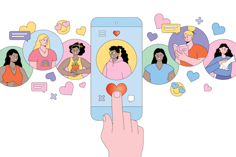 A cartoon with pastel colors shows a hand touching a heart on a phone with an image of a girl with brown skin. There are other circles and hearts also showing cartoon images of women with different colored hair and skin.