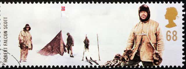 A stamp depicting Robert Falcon Scott on one of his polar expeditions.