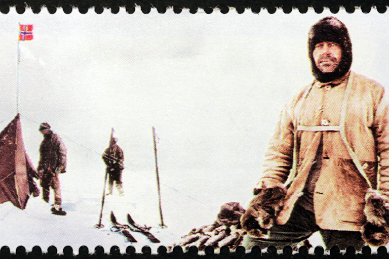 A stamp depicting Robert Falcon Scott on one of his polar expeditions.