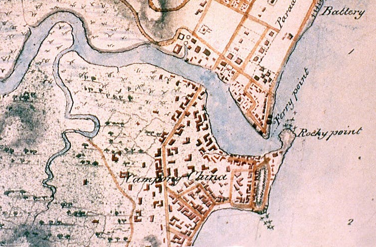A map showing the Singapore River and the spot at the end where the stone once stood.