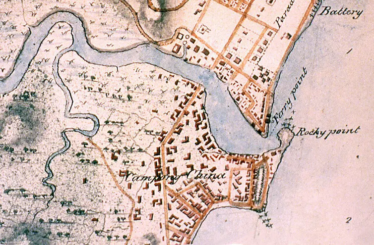 A map showing the Singapore River and the spot at the end where the stone once stood.