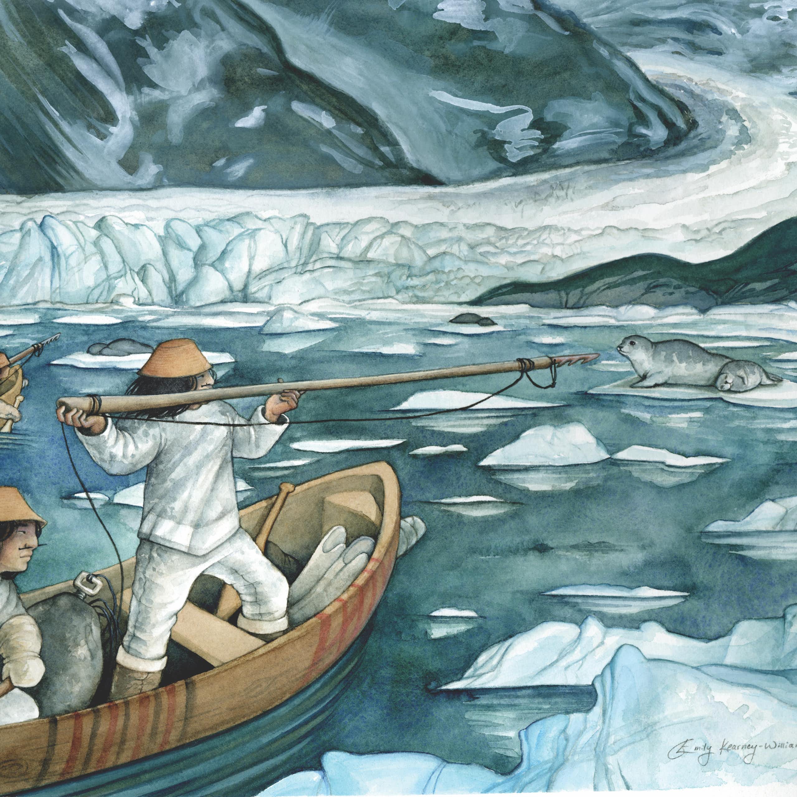 painting of two hunting canoes with two people in each, floating in icy waters, harpoon aimed at a seal on the ice