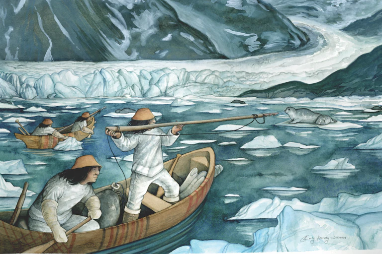 painting of two hunting canoes with two people in each, floating in icy waters, harpoon aimed at a seal on the ice