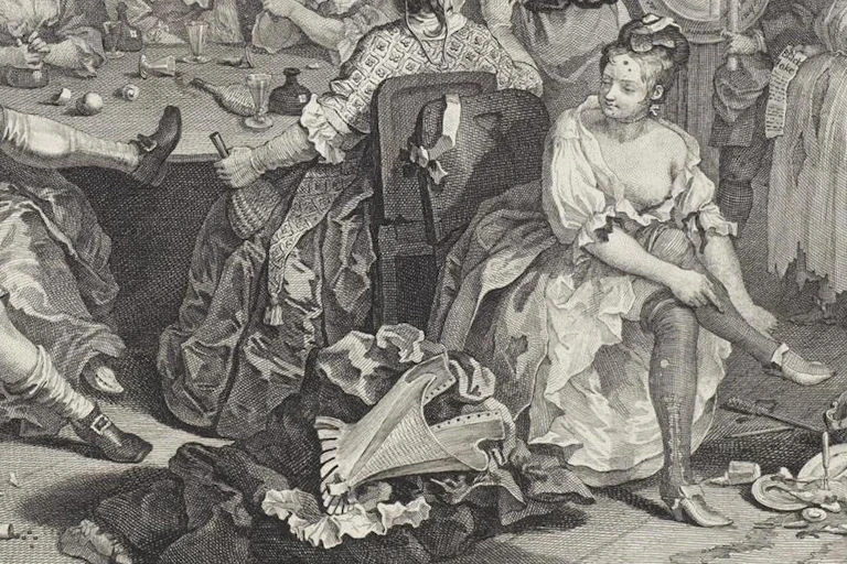 A woman dressing with her stays discarded on the floor beside her.