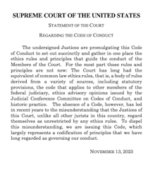 The opening text of the Supreme Court Code of Ethics, 2023.