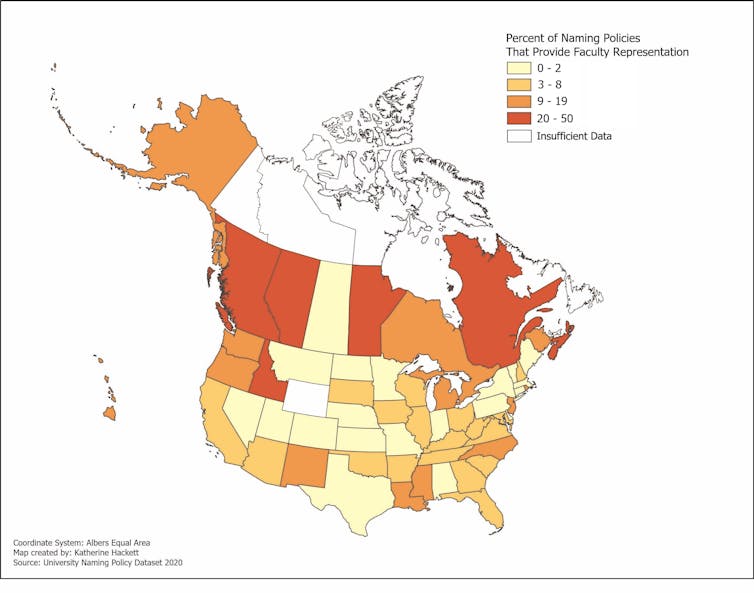 Map of Canada and the U.S. showing delineated provinces and states coded by colour as to the range of faculty representation on naming committees; map shows highest per centages of faculty representation on naming committees is in B.C., Alberta, Manitoba, Quebec, Nova Scotia and Idaho.