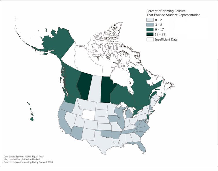 Map of Canada and the U.S. showing delineated provinces and states coded by colour as to the range of student representation on naming committees; map shows highest per centages of student representation on naming committees are in provinces of Alberta and Manitoba.