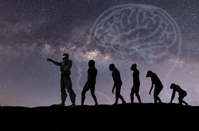 Imagem conceitual de um grande macaco e de humanos com cérebro em um horizonte estrelado