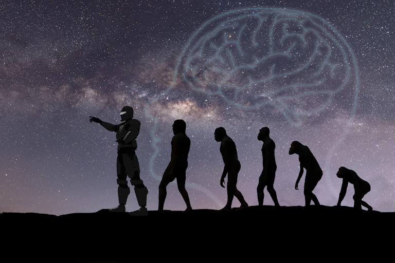 Imagem conceitual de um grande macaco e de humanos com cérebro em um horizonte estrelado