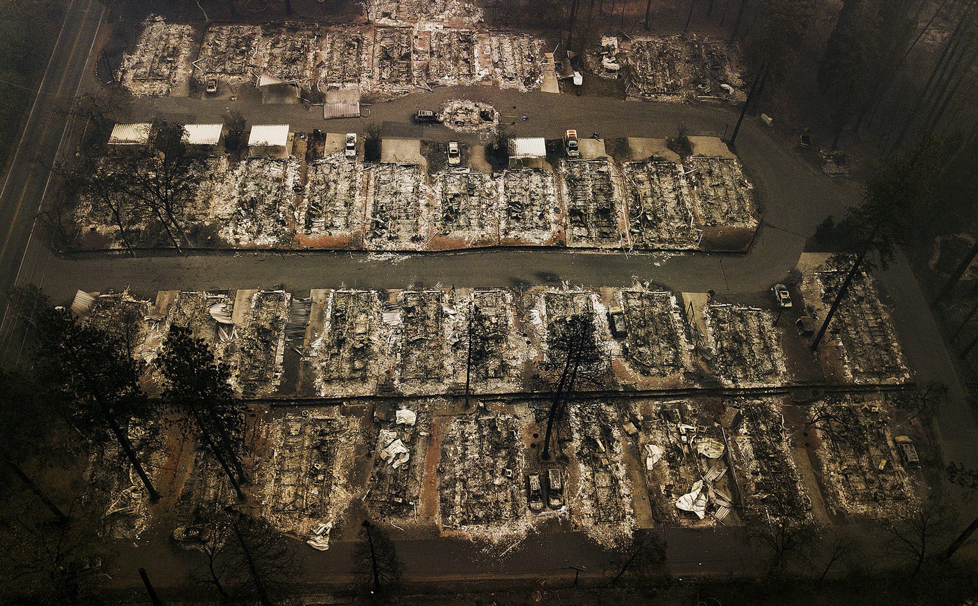 Aerial view of rows of houses burnt to the ground by a wildfire