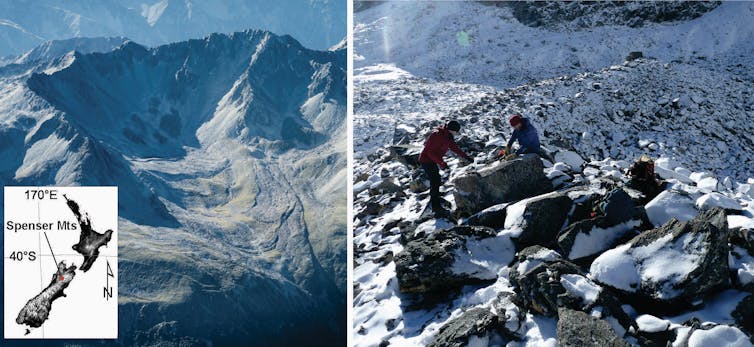 Two merged photographs show a glacial basin and people among snow-covered rocks.