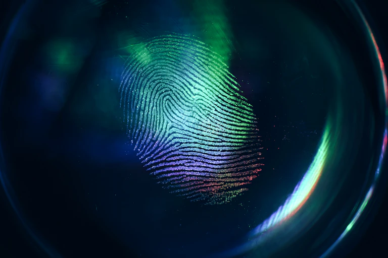 A fingerprint illuminated from above in blue, teal and purple.
