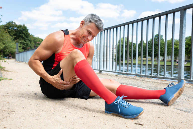 A man sitting on the ground holds onto his hamstring in pain.