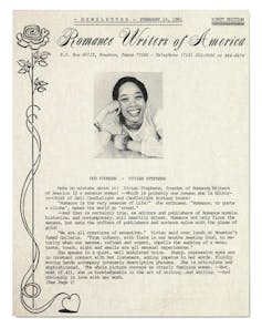 Newsletter with text, a graphic of a rose and a black and white headshot of a young, Black woman.