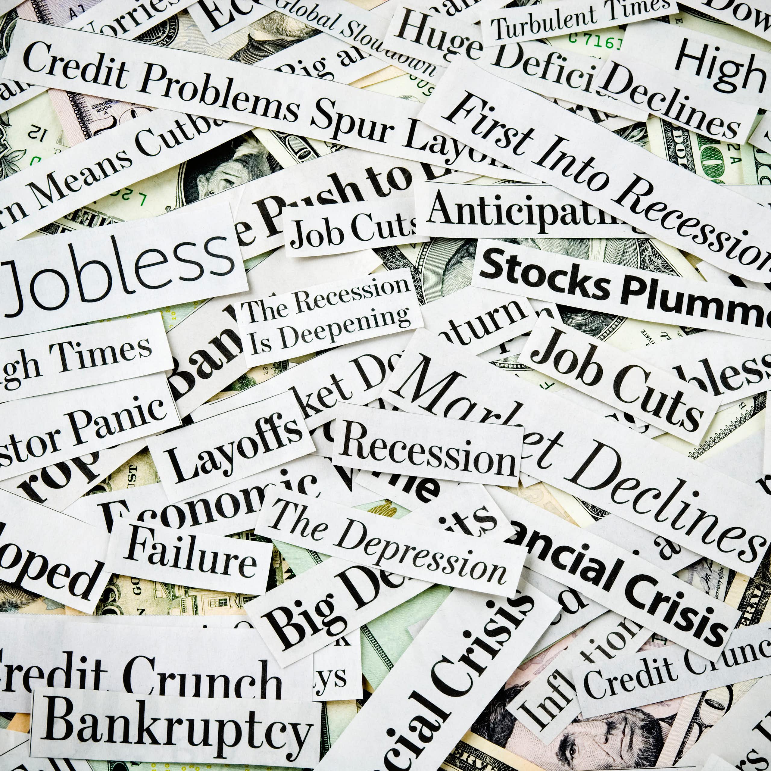 A collage of dollar bills and economy-related words clipped from headlines, including "Job Cuts" and "Layoffs"