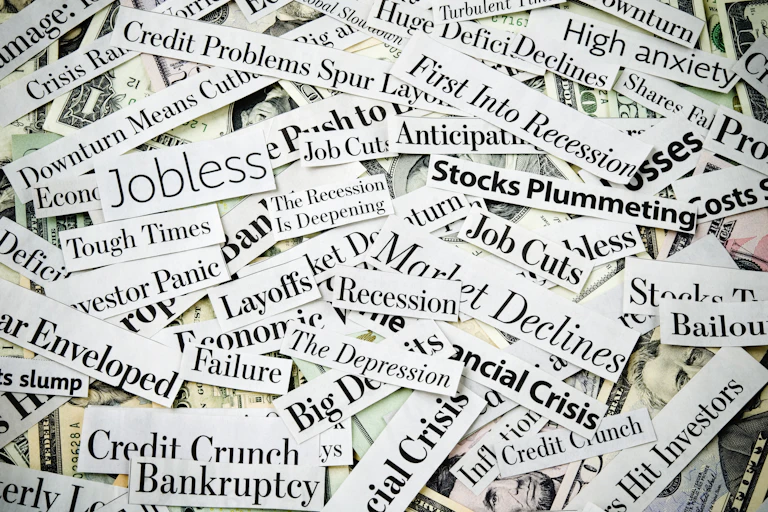 A collage of dollar bills and economy-related words clipped from headlines, including "Job Cuts" and "Layoffs"