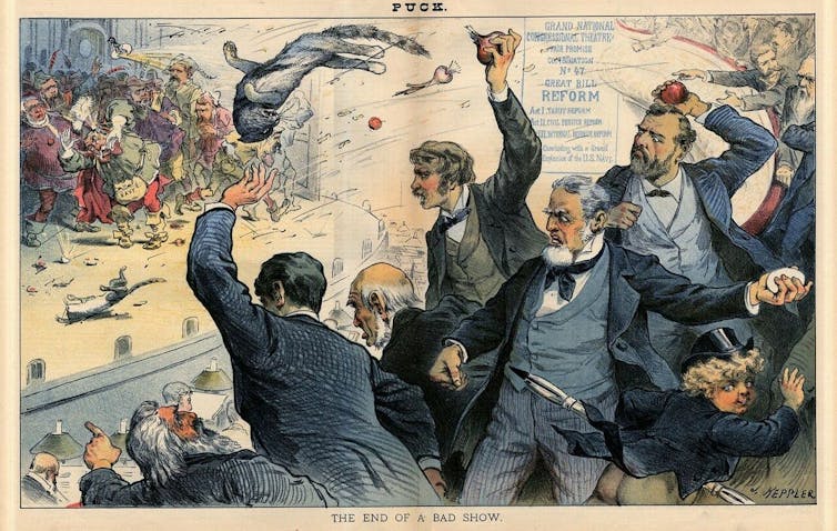 Cartoon showing angry crowd throwing things in a theater.