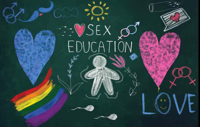 Chalkboard with colorful sketches of hearts, rainbow flag and sperm, and "sex education" written in center
