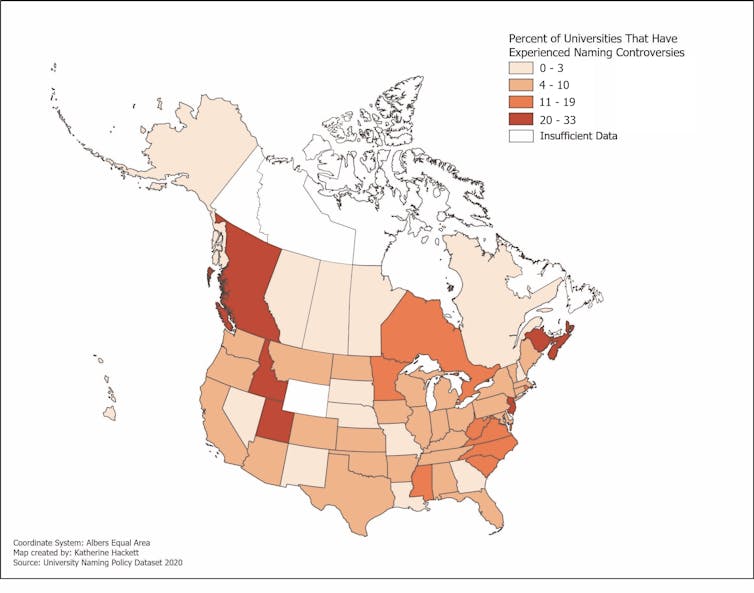 Map of Canada and the U.S. showing delineated provinces and states coded by colour regaring which have had the most controversites; map shows B.C., Idaho and Utah have had the most at 20 to 33 per cent.