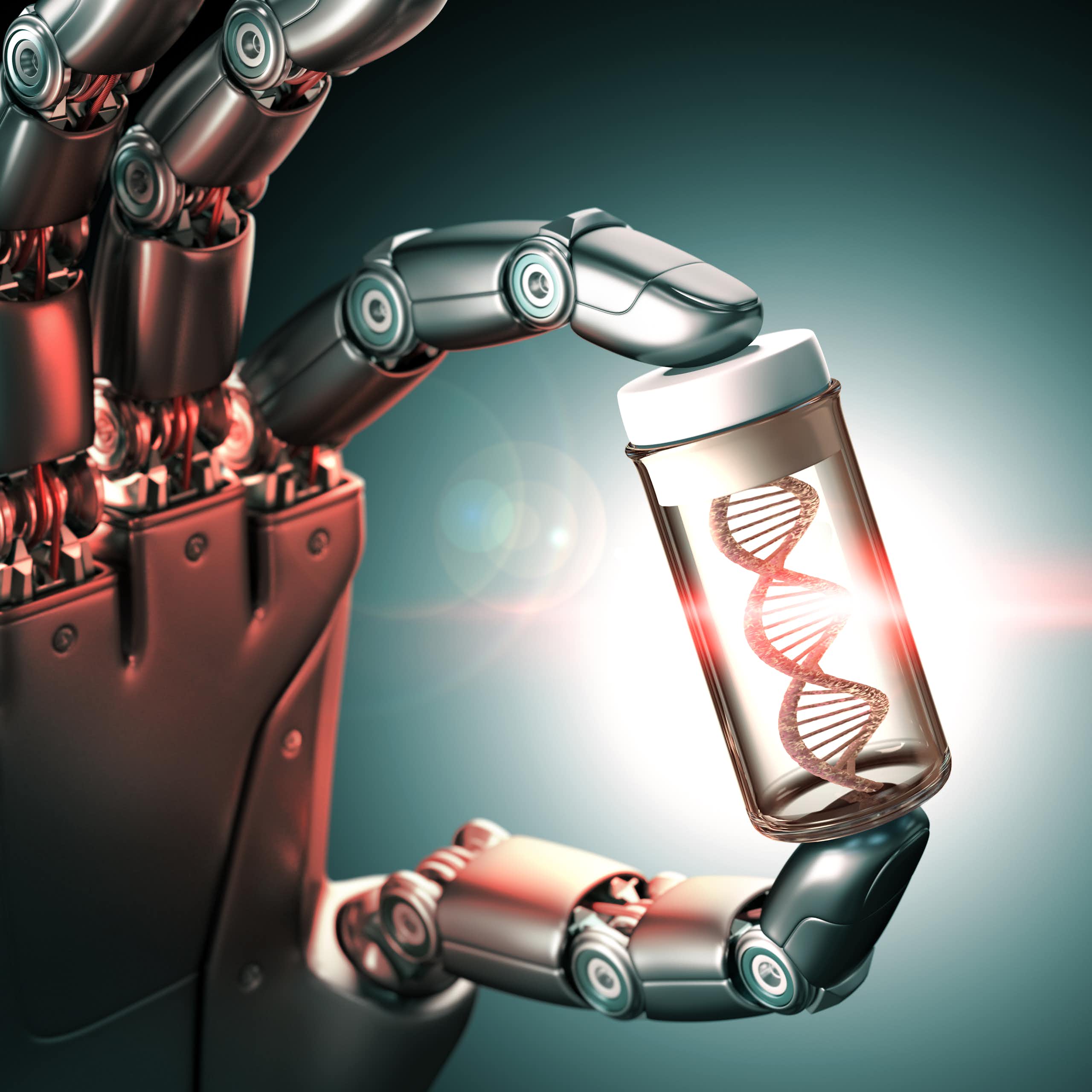 a robot hand holds a vial containing a DNA helix