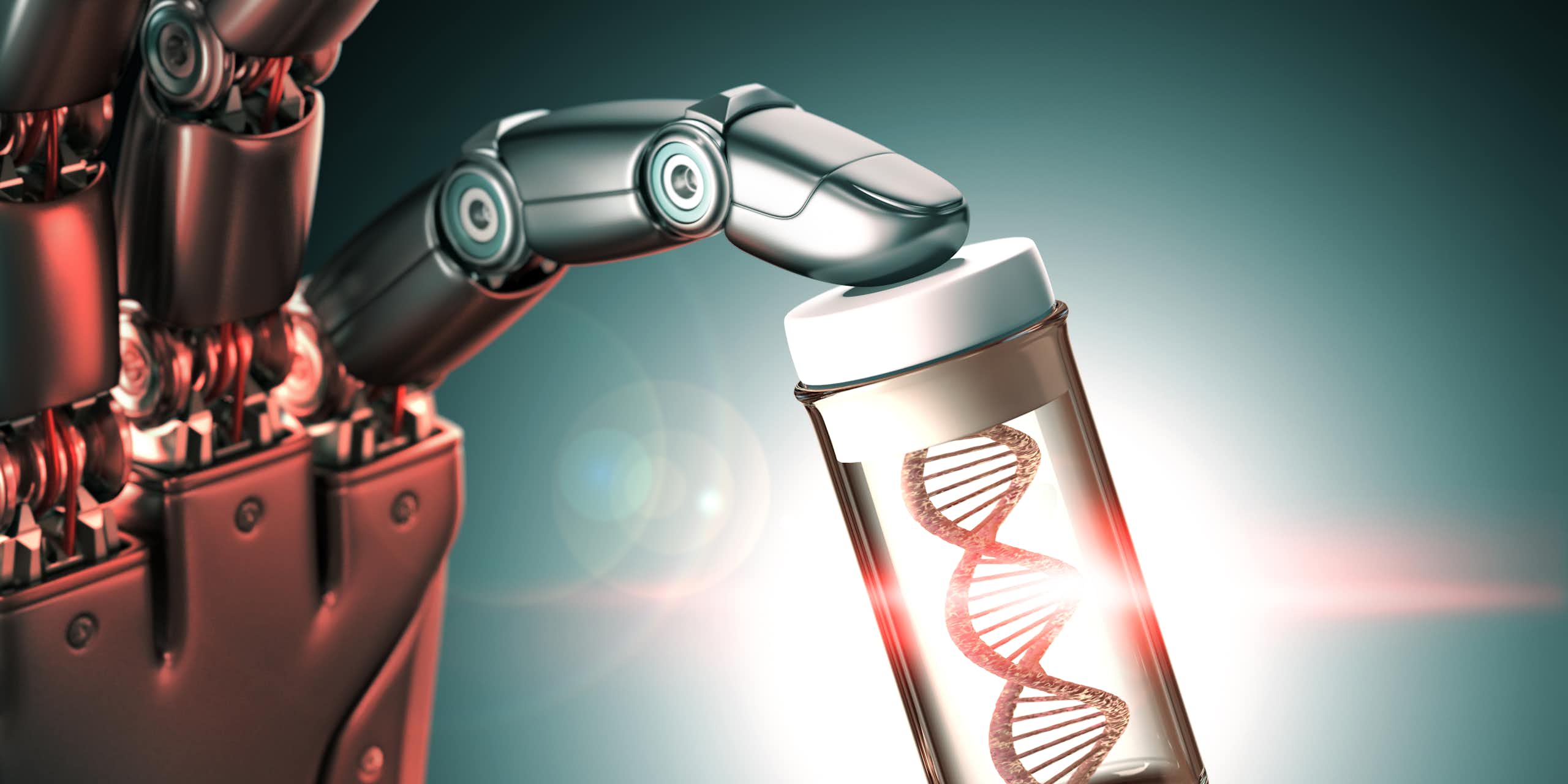 a robot hand holds a vial containing a DNA helix