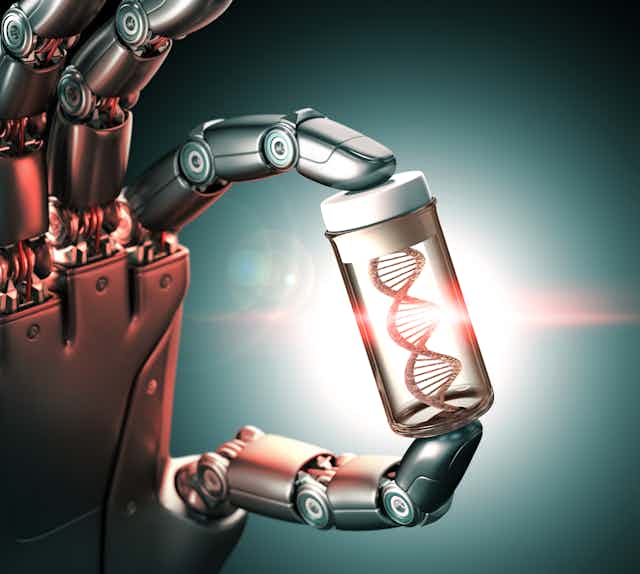 a robot hand holds a vial containing a DNA helix