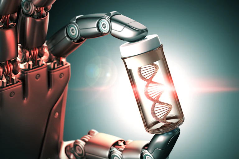 a robot hand holds a vial containing a DNA helix