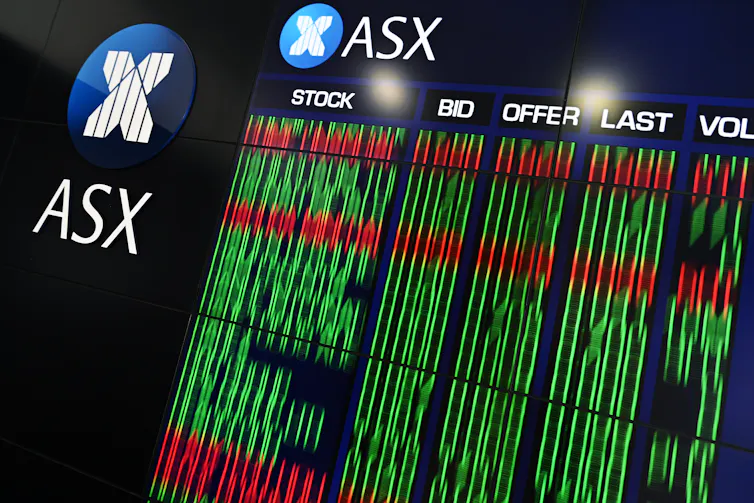 Blurred digital board showing share prices on the Australian Stock Exchange ASX