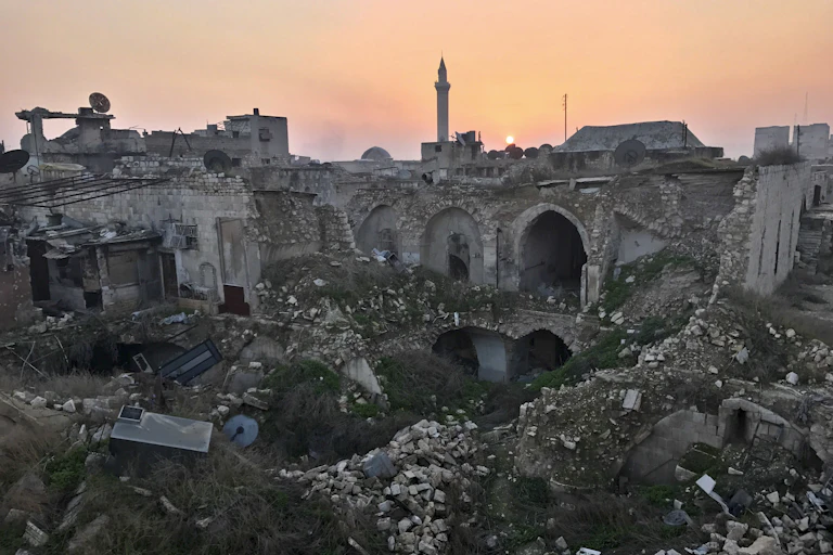 Sections of Aleppo in Syria lie in ruins after conflict.