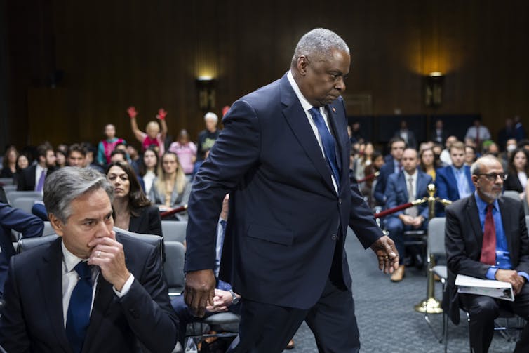 US secretary of state Antony Blinken and defense secretary Lloyd Austin at a Senate Appropriations Committee hearing in Washington October 2023.