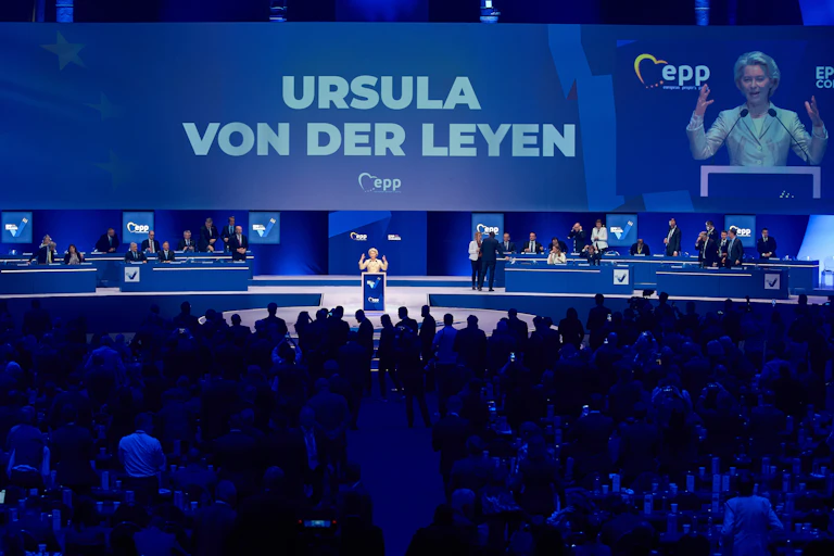 Ursula von der Leyen being announced as the European People's party lead candidate for the European Parliament elections.