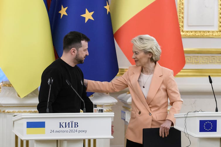 Ukraine's president, Volodymyr Zelenskiy, attending a press conference with von der Leyen in Kyiv, Ukraine, in February 2024.