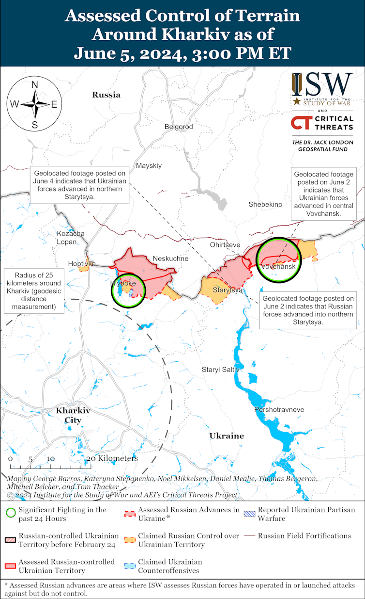 Map showing the state of the battle around Kharkiv in north-eastern Ukraine.