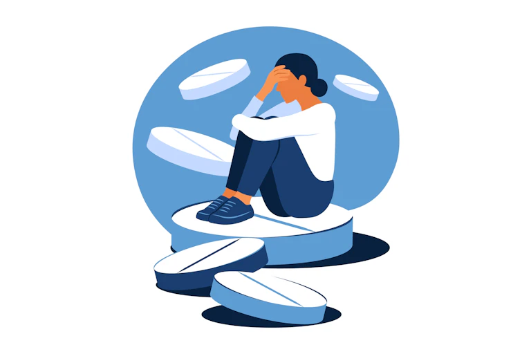 A cartoon woman sitting on a pill presses a hand to her head.