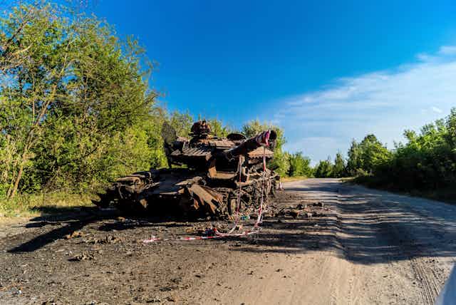 A Russian tank destroyed during the Russian offensive on Kharkiv.