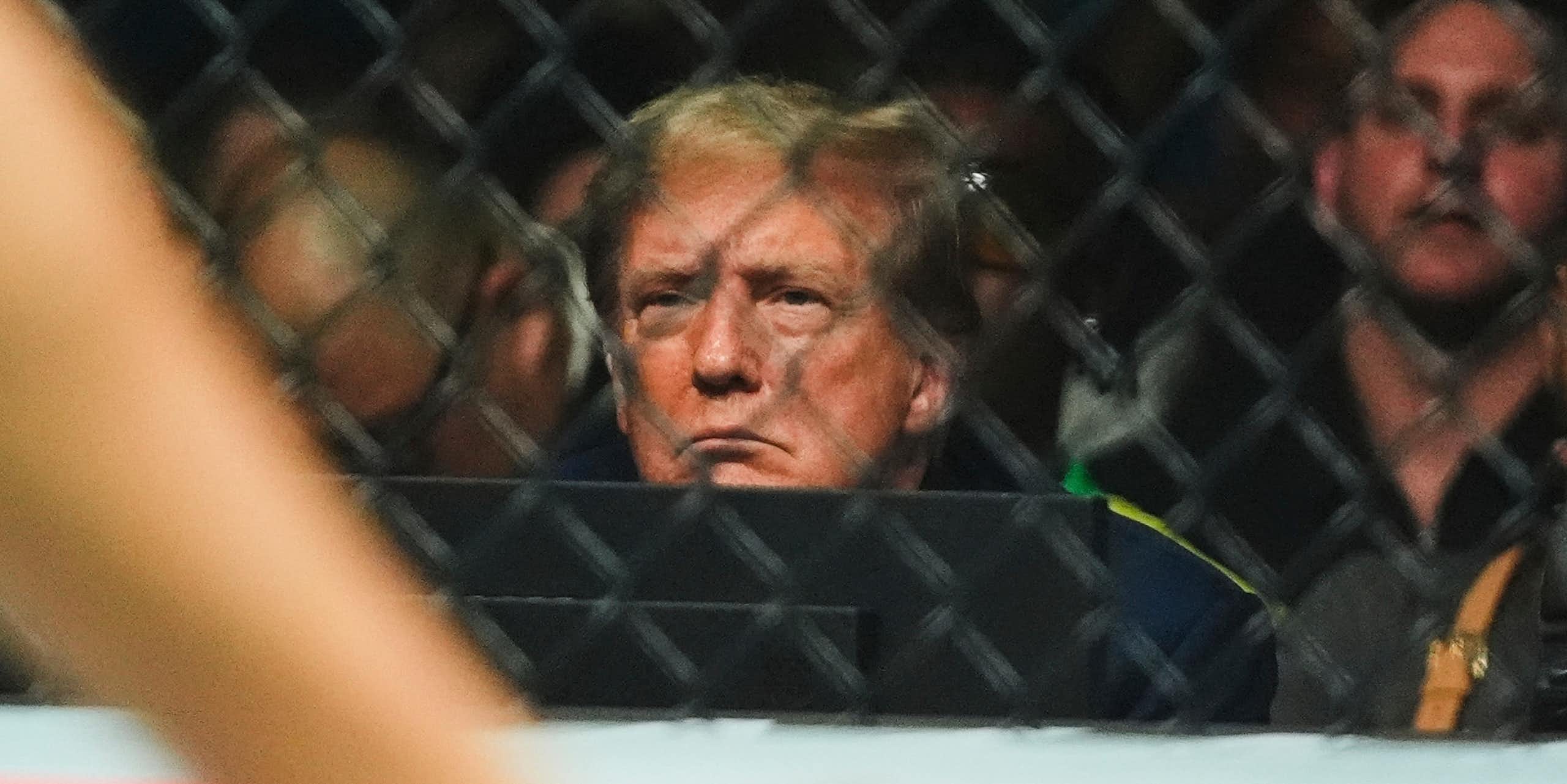 A man with blond hair frowns and is pictured through a chain link barrier.