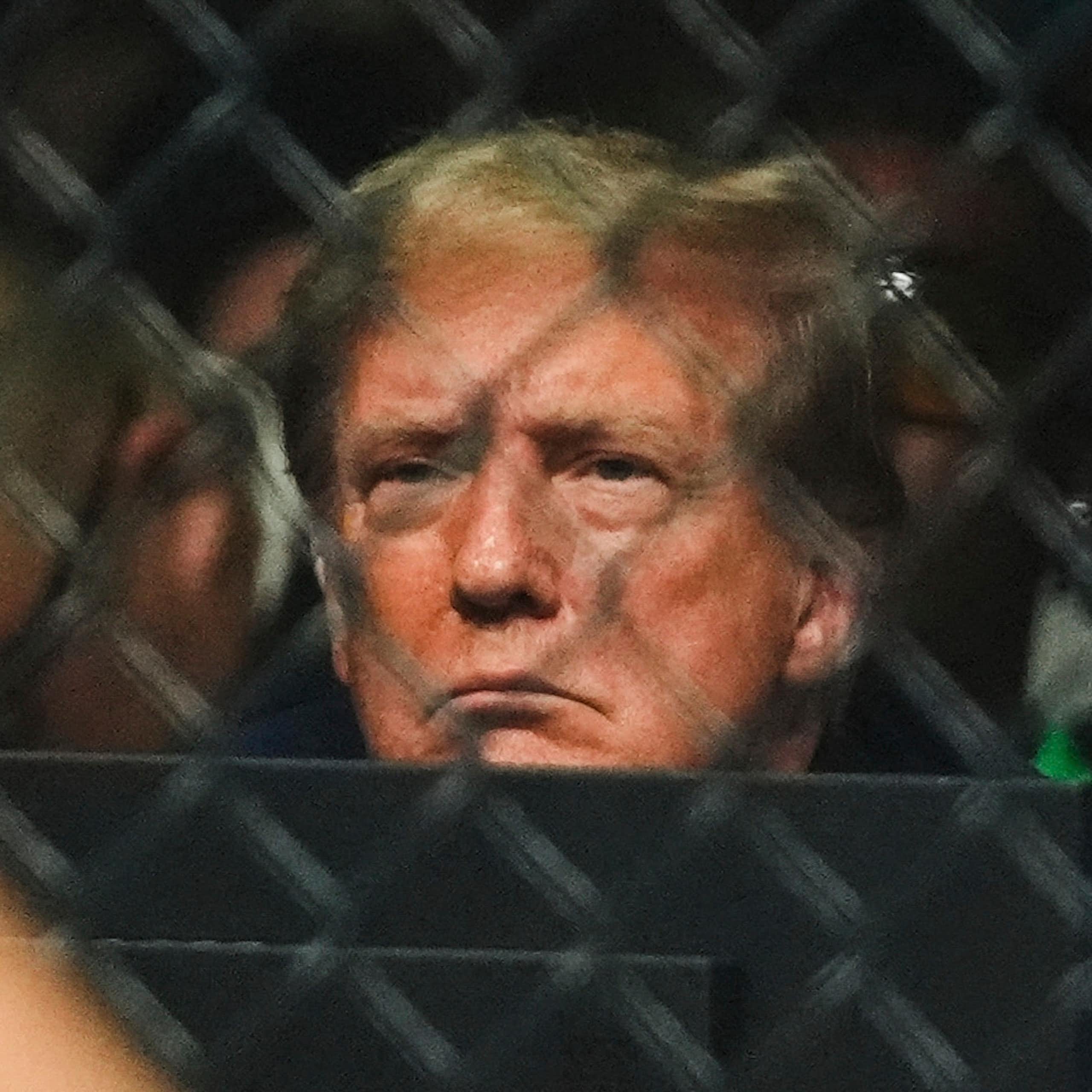 A man with blond hair frowns and is pictured through a chain link barrier.