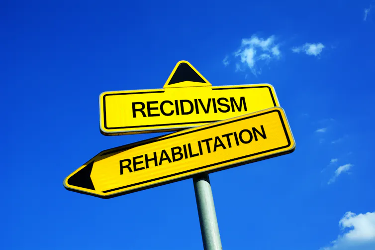 A road sign indicating two directions: rehabilitation and recidivism