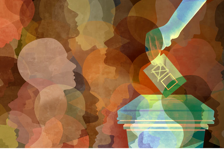 Illustrations of heads and a ballot box