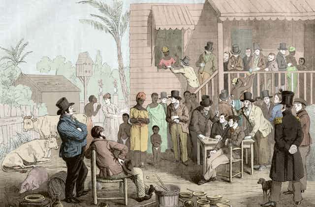 A colorized engraving depicting the sale of slaves in the United States during the 19th century.