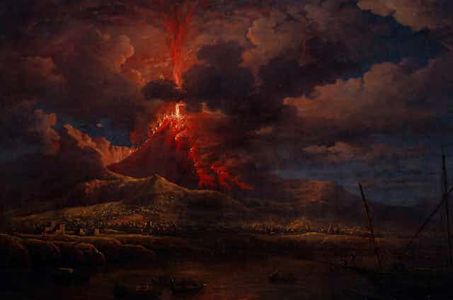 Oil painting of volcano erupting at night.