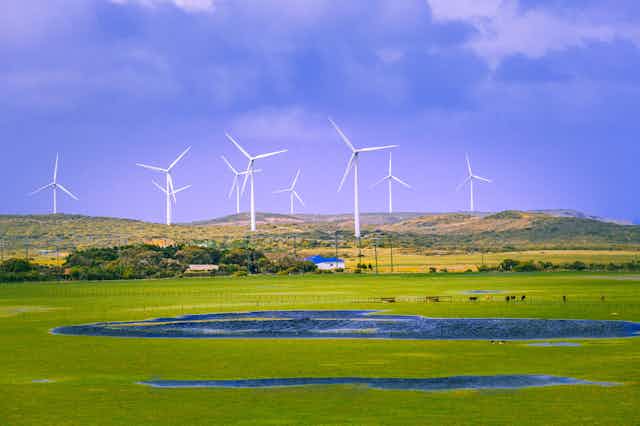 Rural area in Australia with pastures and wind turbines.