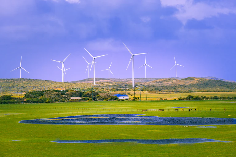 Rural area in Australia with pastures and wind turbines.