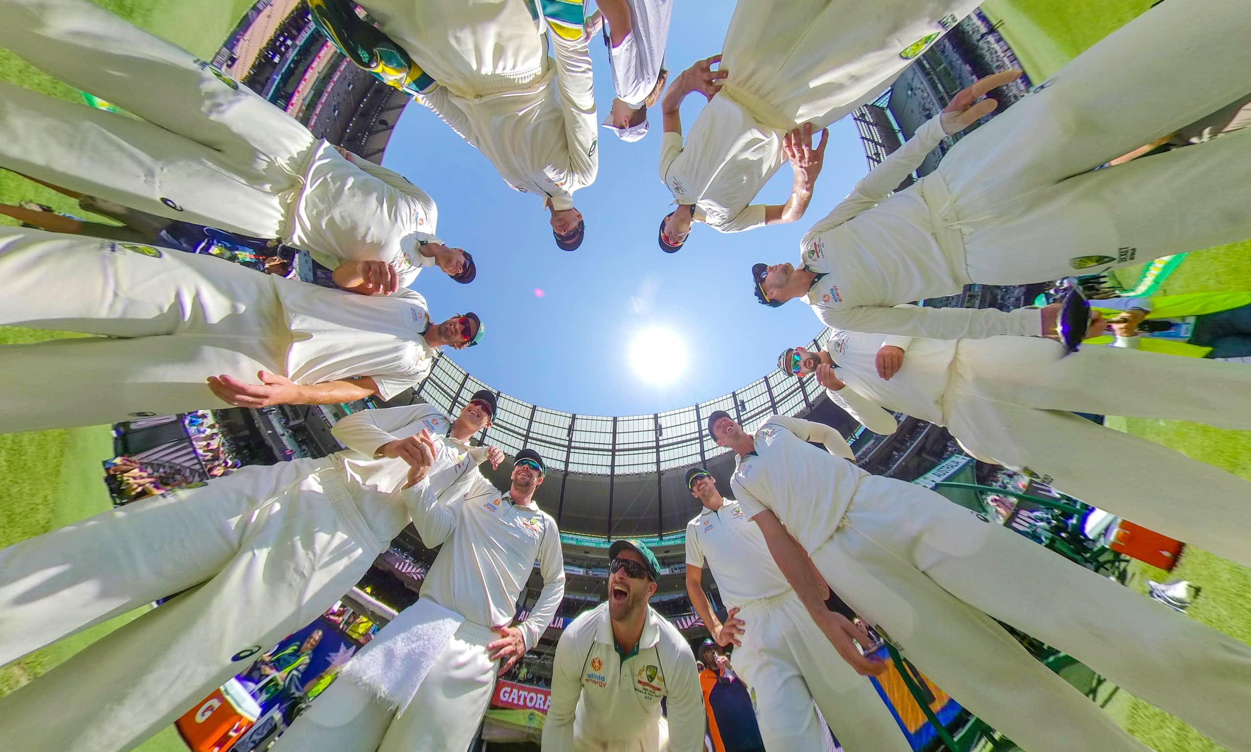 Tim Paine, captain of Australia speaks to his team in a huddle as Matthew Wade of Australia and his teammates look on during day 4 of the Boxing Day Test match between Australia and New Zealand at the MCG in Melbourne, Sunday, December 29, 2019.