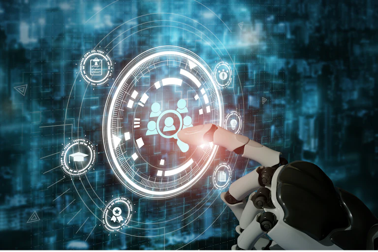 A robot choosing business people to hire.