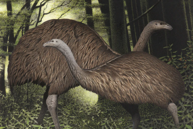 A watercolour depicting two South Island Giant moa _Dinornis robustus_ from the series: Extinct birds of New Zealand