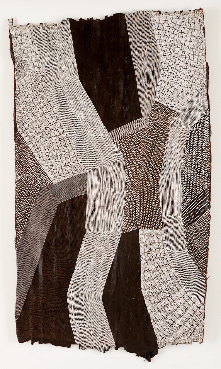 A black and white bark painting.