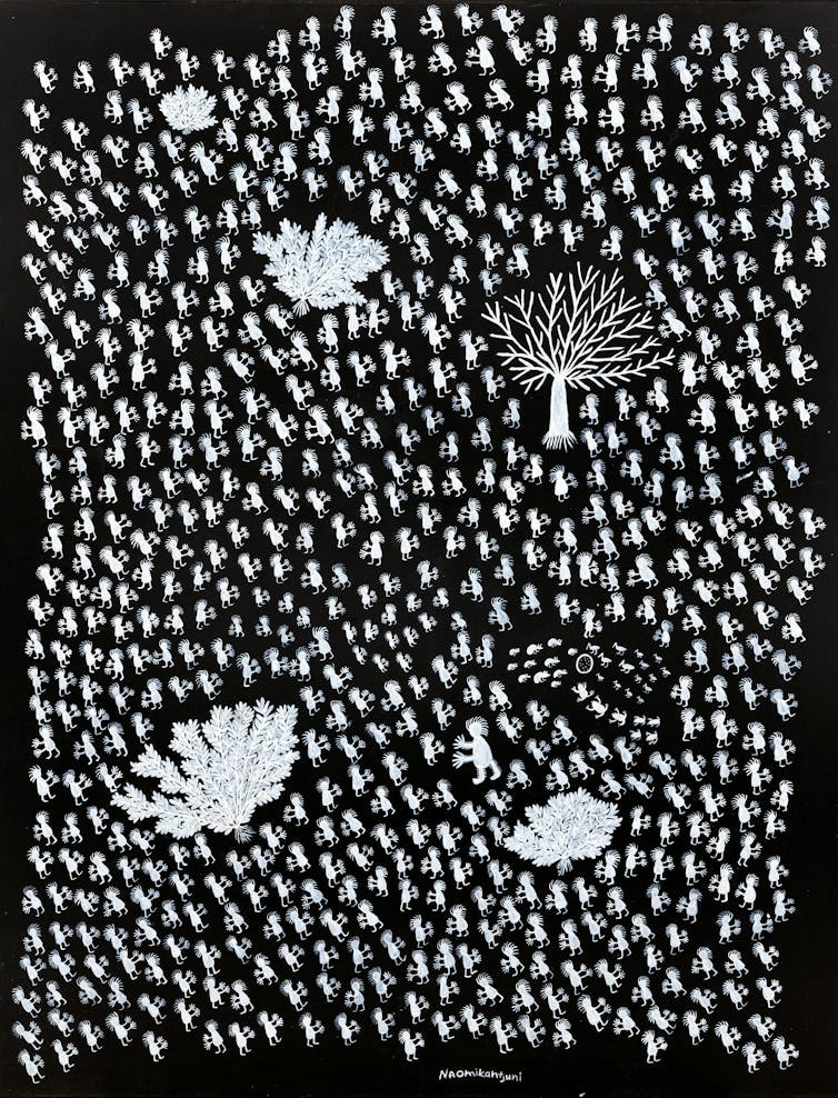 A black and white painting, dozens of small figures congregate around bushes.